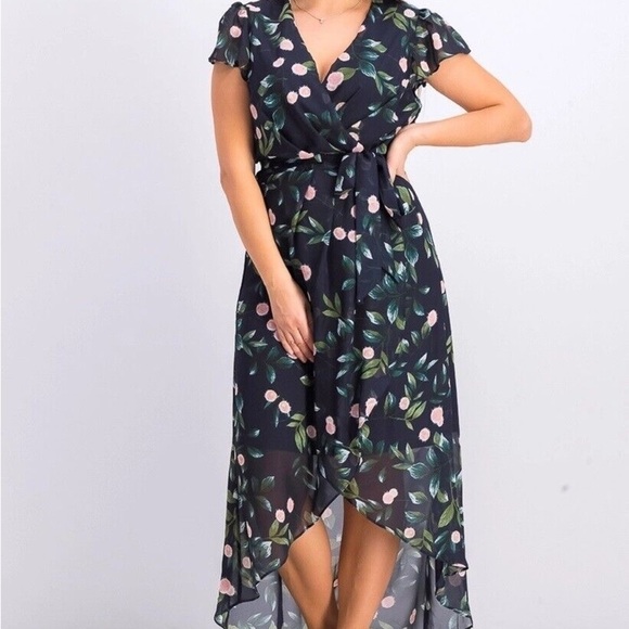 Julia Jordan Women's Floral-Print Ruffle Faux Wrap Dress Navy size 10. - Picture 1 of 13
